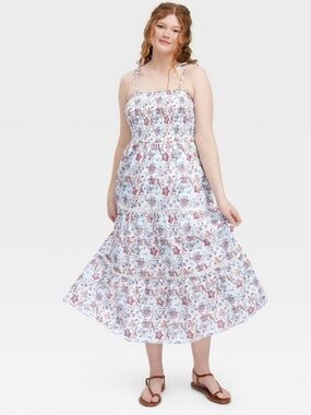 Roller Rabbit White Midi Dress with Pink and Mauve Floral XS